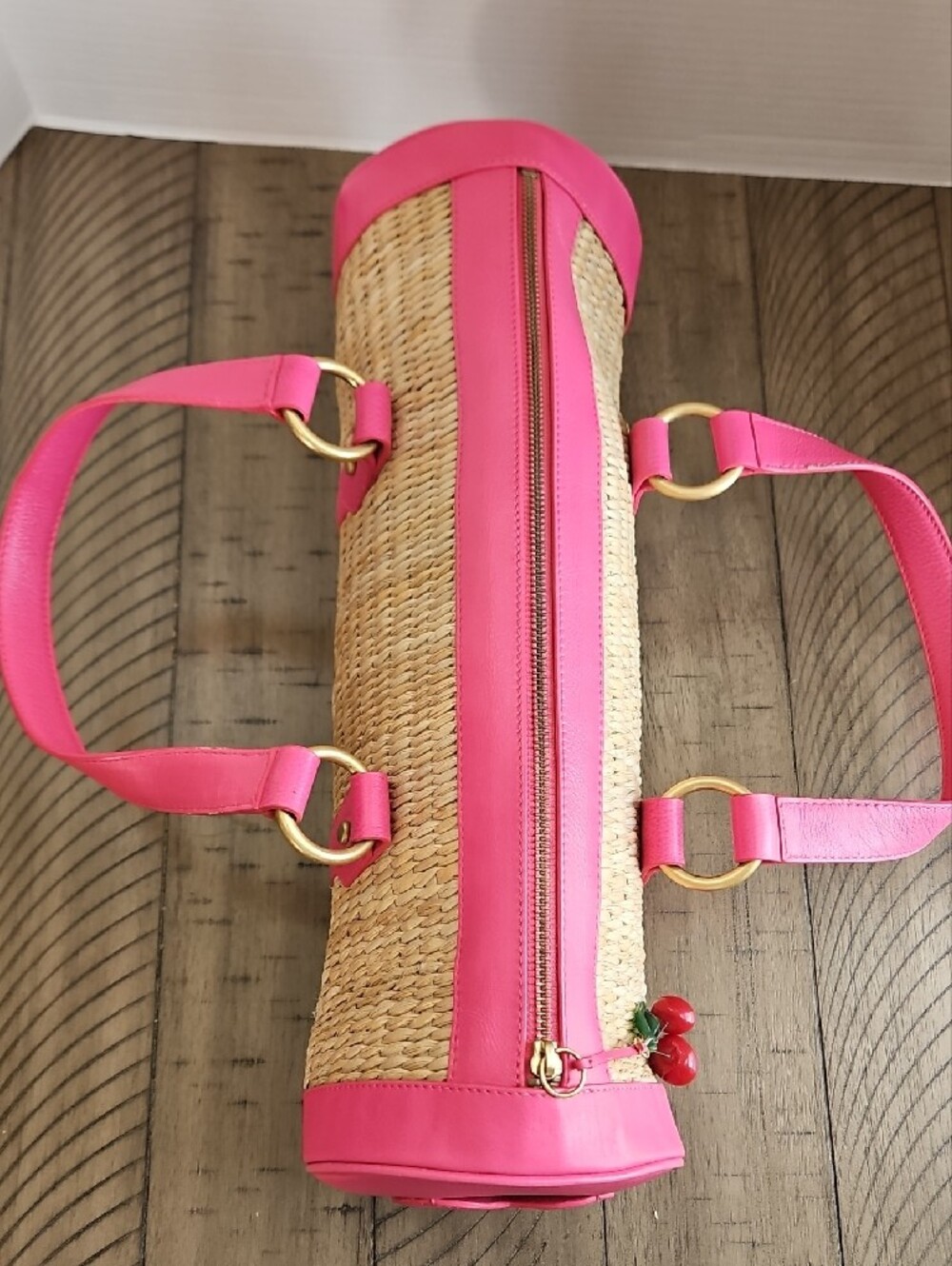 Y2K Juicy Couture Pink Straw Leather Trim Bag with Cherry Charm Coquette Rare - Picture 10 of 16